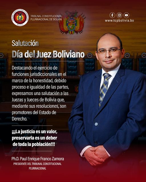 En este momento estás viendo SALUTACIÓN DEL PRESIDENTE DEL TCP Ph.D. PAUL ENRIQUE FRANCO ZAMORA EN EL DÍA DEL JUEZ BOLIVIANO