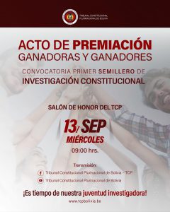 Lee más sobre el artículo INVITACIÓN, ACTO DE PREMIACIÓN A LAS Y LOS GANADORES DE LA CONVOCATORIA DEL “PRIMER SEMILLERO DE INVESTIGACIÓN CONSTITUCIONAL”