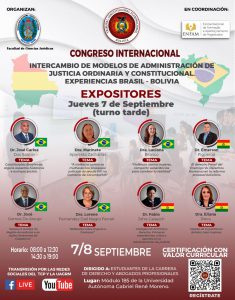 Lee más sobre el artículo CONGRESO INTERNACIONAL “INTERCAMBIO DE MODELOS DE ADMINISTRACIÓN DE JUSTICIA ORDINARIA Y CONSTITUCIONAL. EXPERIENCIAS BRASIL – BOLIVIA”