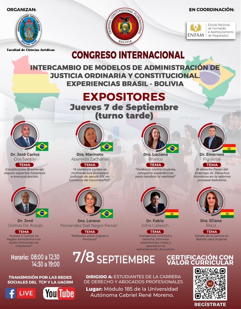 En este momento estás viendo CONGRESO INTERNACIONAL “INTERCAMBIO DE MODELOS DE ADMINISTRACIÓN DE JUSTICIA ORDINARIA Y CONSTITUCIONAL. EXPERIENCIAS BRASIL – BOLIVIA”