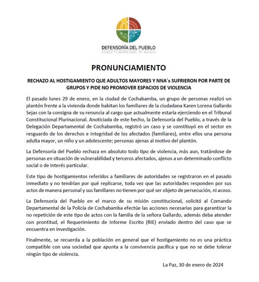 En este momento estás viendo PRONUNCIAMIENTO DE LA DEFENSORÍA DEL PUEBLO