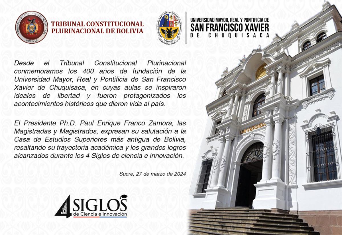 Lee más sobre el artículo SALUTACIÓN DEL TCP A LOS 400 AÑOS DE FUNDACIÓN DE LA UMRPSFXCH