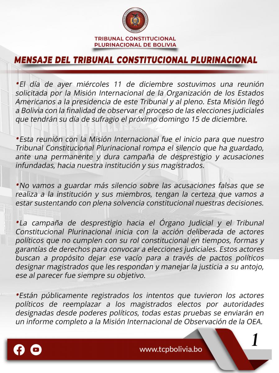 Lee más sobre el artículo MENSAJE TRIBUNAL CONSTITUCIONAL PLURINACIONAL